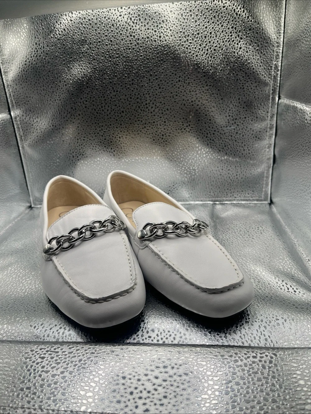 Calvin Klein White Leather Loafers with Silver Chain